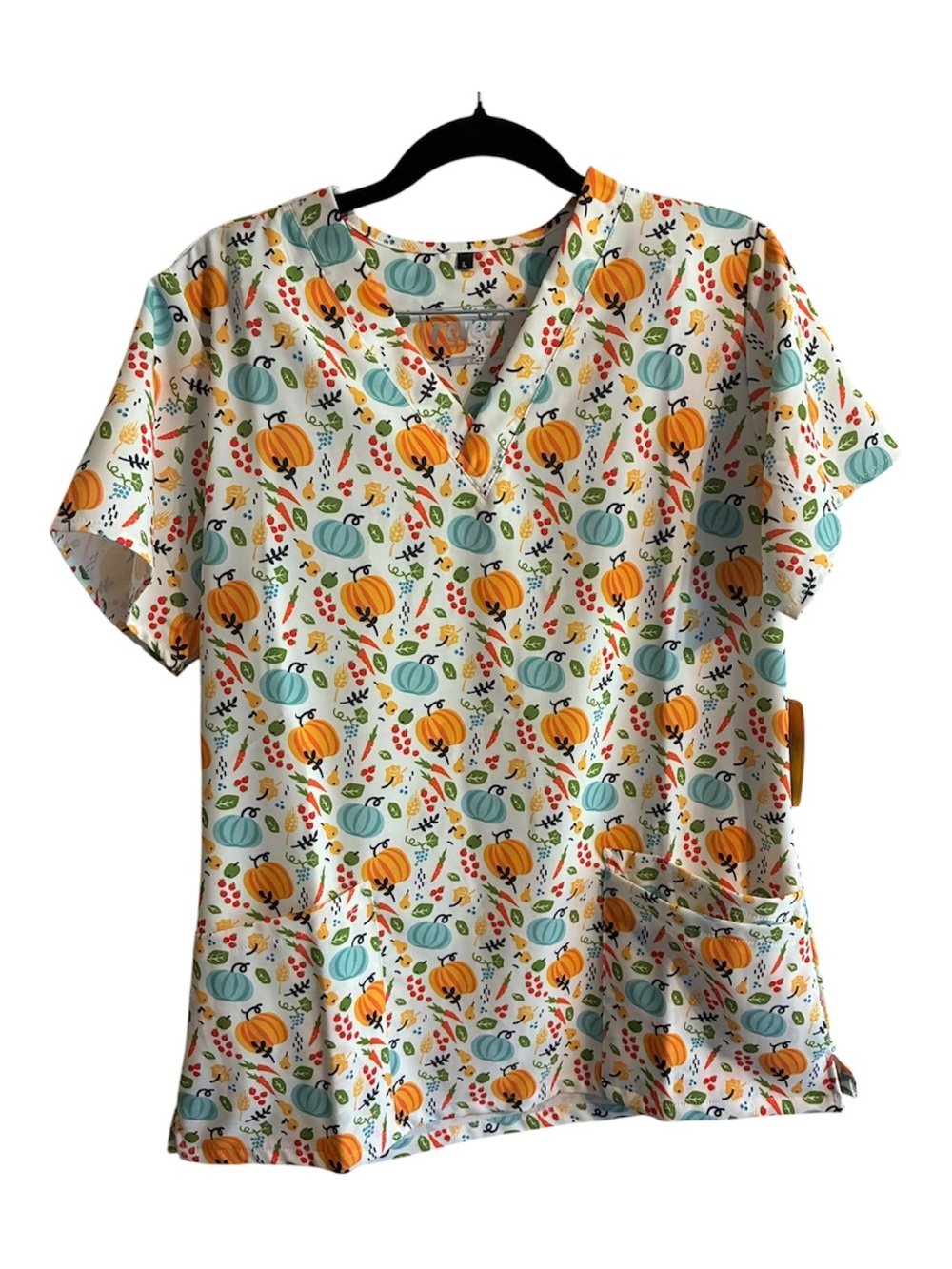 Women's Fall Pumpkin Harvest Print V-Neck Scrub Top